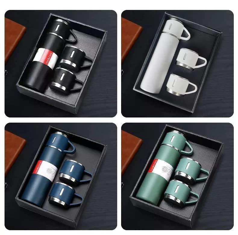 500ml Stainless Steel Vacuum Flask Gift Set – Insulated Thermos Bottle with 3 Cups (Random Color)