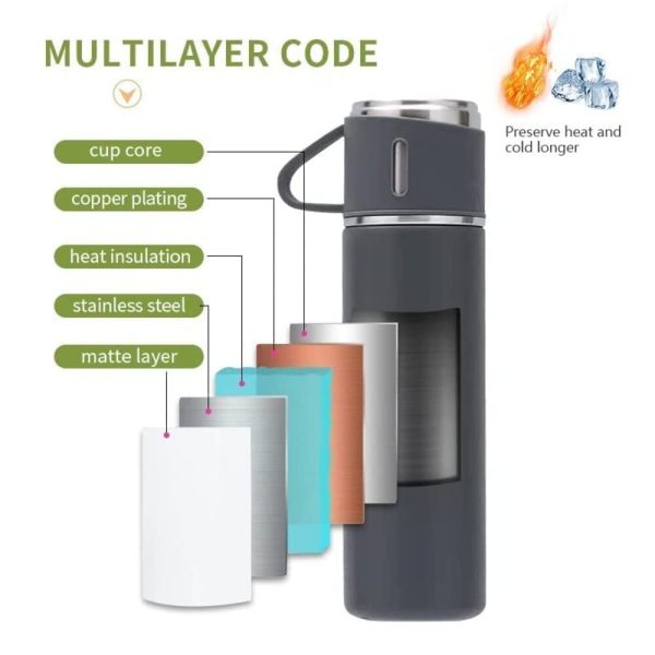 500ml Stainless Steel Vacuum Flask Gift Set – Insulated Thermos Bottle with 3 Cups (Random Color)