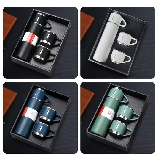 500ml Stainless Steel Vacuum Flask Gift Set – Insulated Thermos Bottle with 3 Cups (Random Color)